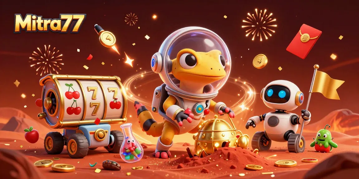 Mitra77 menghadirkan pengalaman bermain slot dengan gecko Mars dan robot di kasino emas yang tersembunyi.