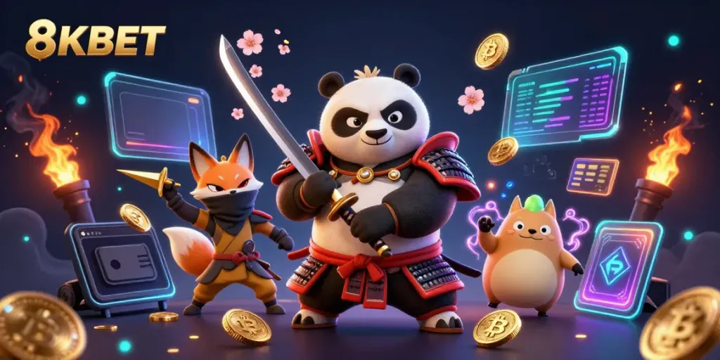 Experience thrilling games at 8KBET, featuring a dynamic scene with samurai panda, ninja fox, and magical tanuki.