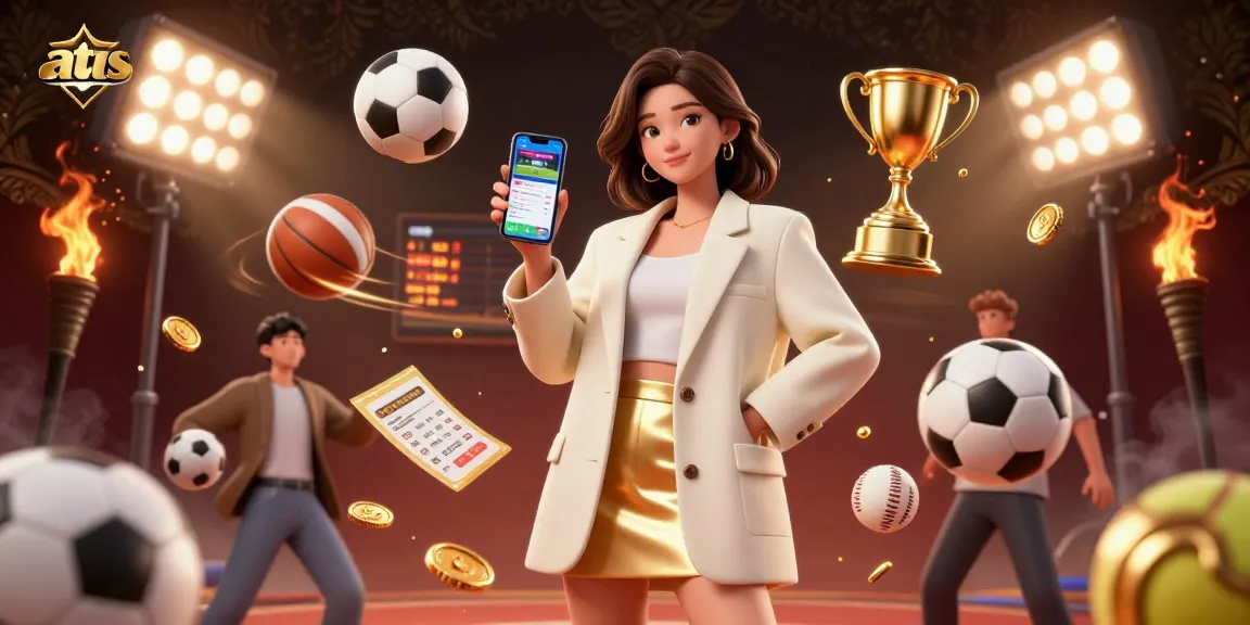 Engage in winning bets with atas, featuring an Asian woman using a sports betting app amidst dynamic game elements.