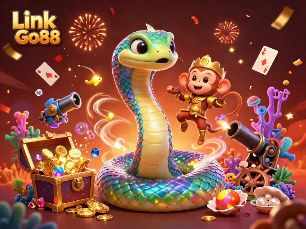 Experience the thrill of Link Go88 as the rainbow serpent coils around treasures in a vibrant casino scene.