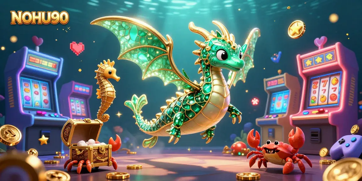 Engage with the enchanting NOHU90 casino world featuring vibrant gaming symbols and treasure elements.