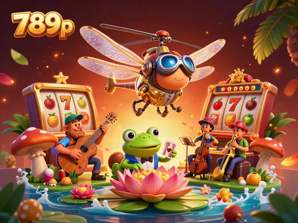 Experience thrilling slots at 789p with a playful dragonfly pilot, frog dealer, and vibrant casino elements.