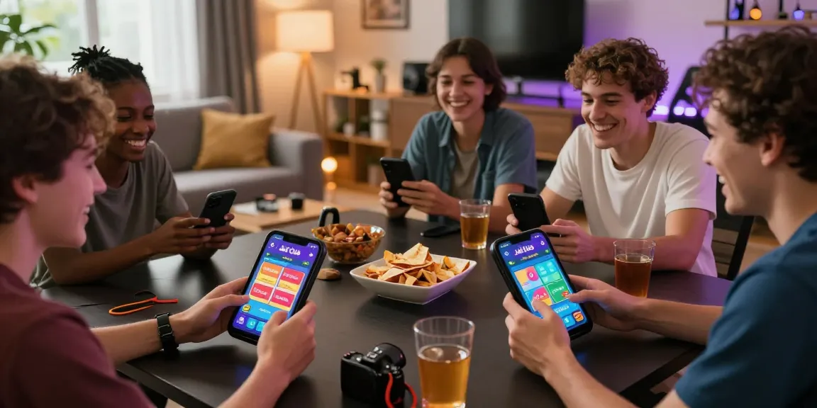 Engaging group of friends playing Jai Club games on mobile devices in a cozy setting, showcasing fun and camaraderie.