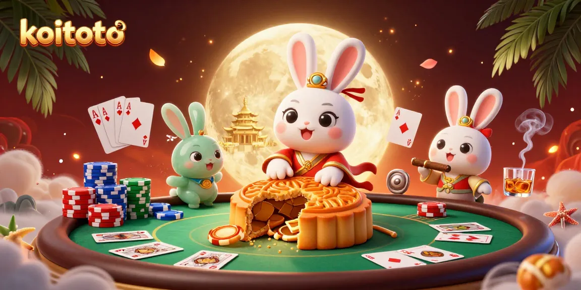 Koitoto features a lively casino scene on the moon with poker chips exploding from mooncakes, showcasing vibrant card play.