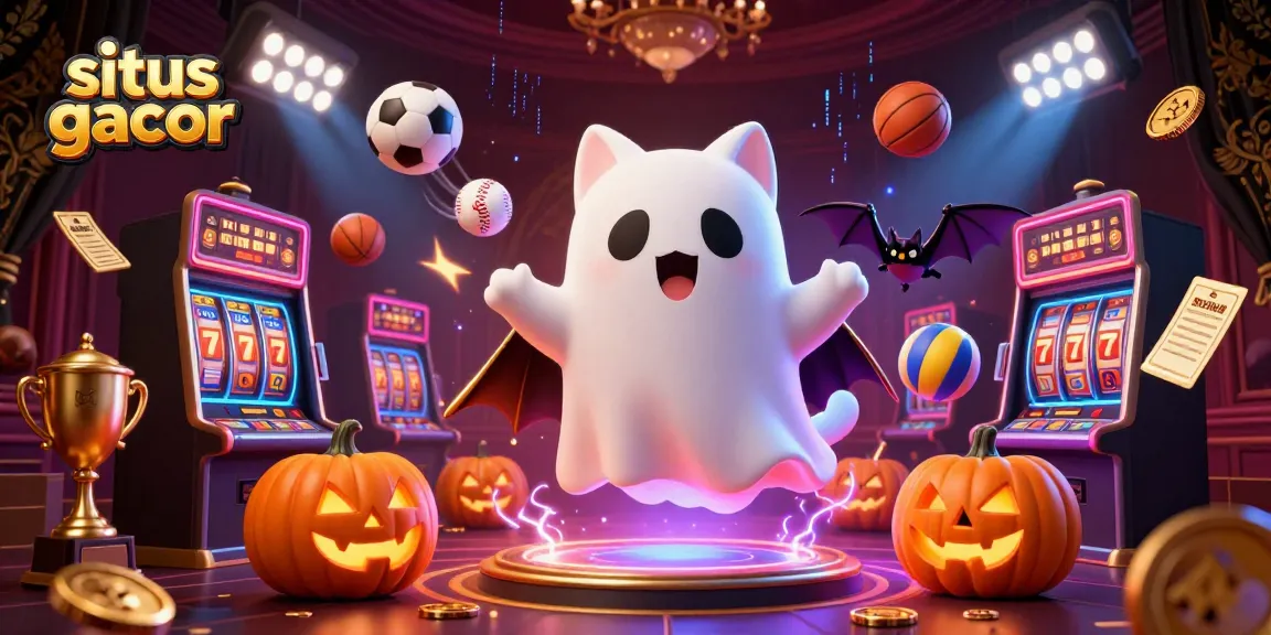 Engage with situs gacor in this vibrant casino scene featuring a ghost cat and dynamic sports elements.