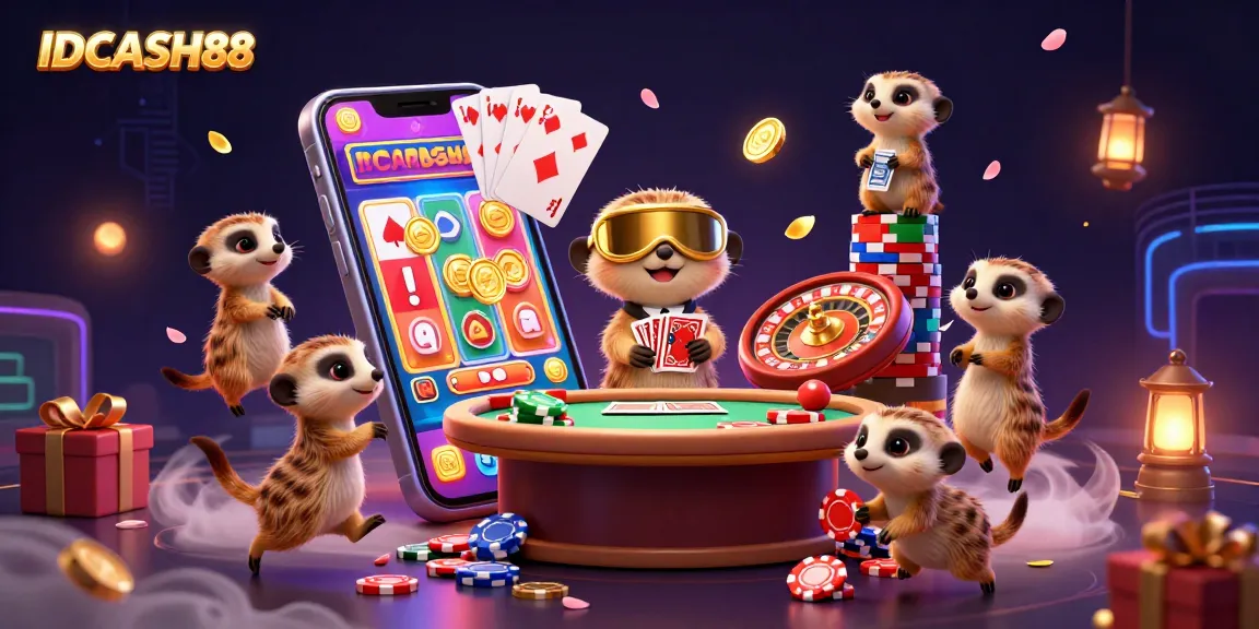 Experience thrilling gameplay with IDCASH88 as playful meerkats engage in a vibrant casino scene featuring confetti, colorful slots, and friendly competition.