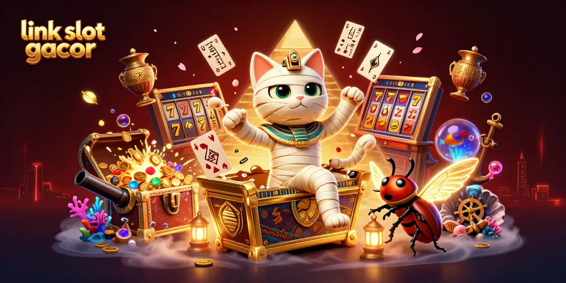 Experience the thrill of link slot gacor with a vibrant casino scene featuring a mummy cat.