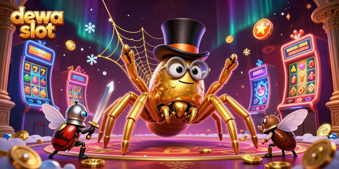 Engage in the thrilling world of dewa slot, featuring a vibrant scene with a golden tarantula and beetle knight amidst lively gaming elements.