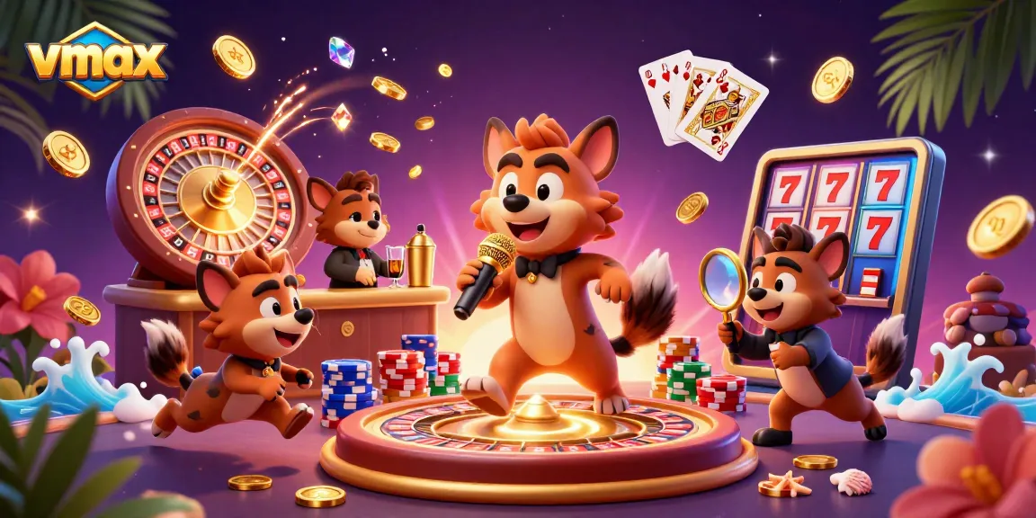 Experience vmax casino excitement with hyenas as bartenders and comedians amidst flying gold coins and dynamic game elements.