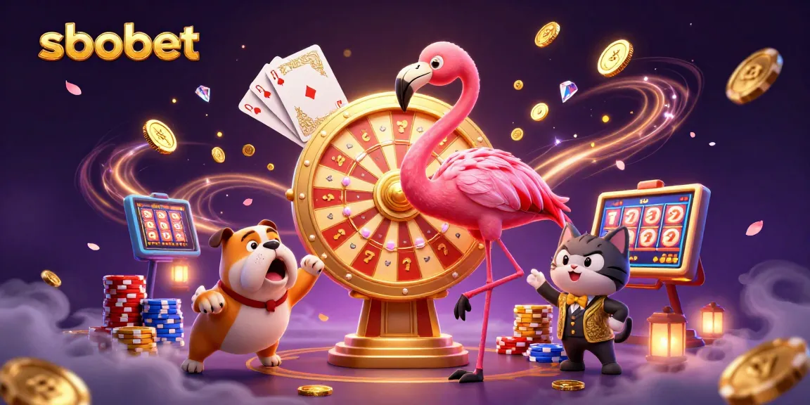 Sbobet sports betting scene with a flamingo host and exciting gameplay elements in a vibrant casino setting