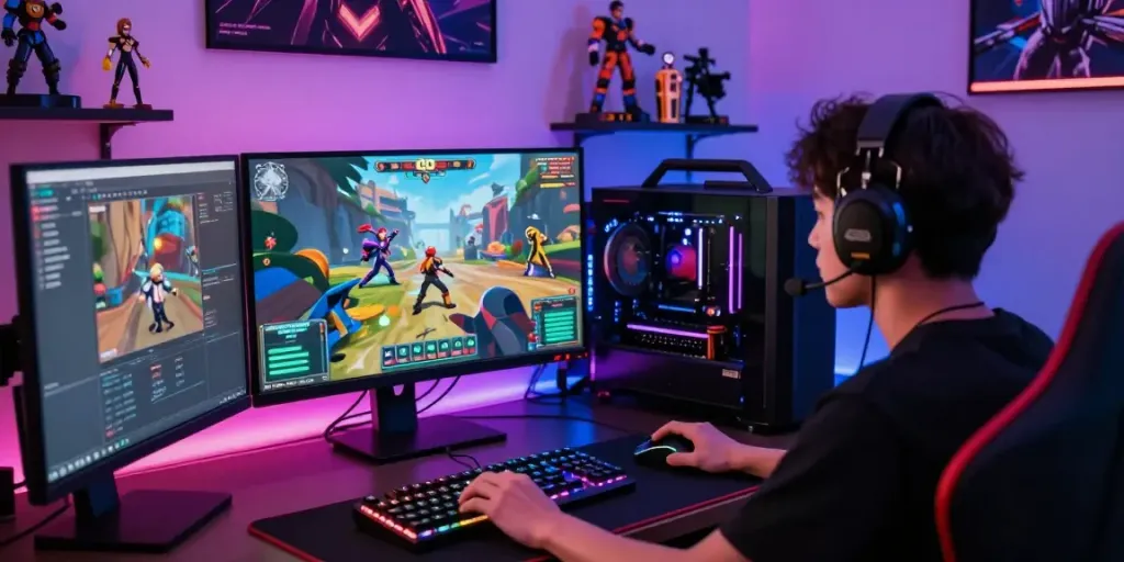 Penggamer berfokus pada permainan diana4d dengan setup gaming futuristik, monitor besar, dan aksesori gaming berwarna-warni.