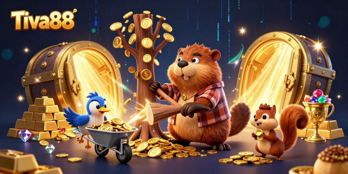 Tiva88 offers thrilling gaming experiences with golden coins raining down from a playful cartoon scene.