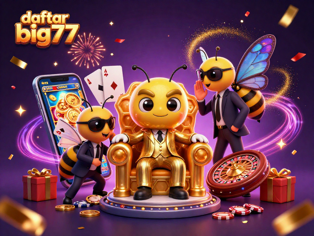 Experience daftar big777 with excitement as a bumblebee mob boss and wasp bodyguards surround dynamic casino elements.