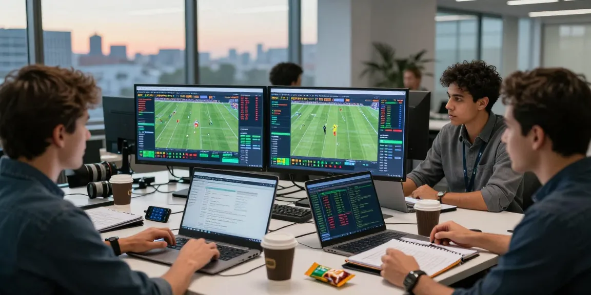 Soi kèo nhà cái analysis with experts reviewing football statistics in a modern office setting.
