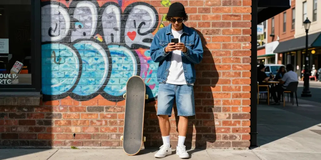 Fashionable individual in streetwear engaging with smartphone, embodying the essence of lifestyle brand peh888.