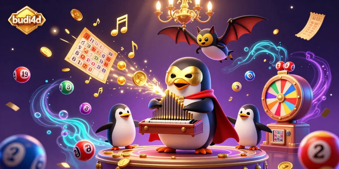 Budi4d brings excitement as a penguin plays piano amidst golden coins and colorful lottery elements.