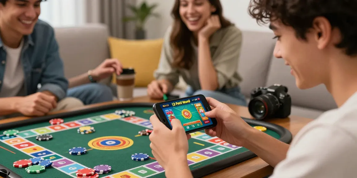 This Website showcases a young gamer enjoying 3 Patti World on a smartphone amidst lively surroundings.