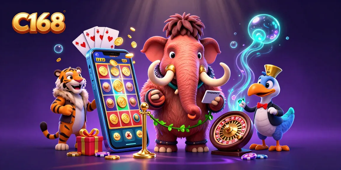 Join the dazzling world of C168 with vibrant slot games and a lively casino atmosphere surrounded by unique characters.