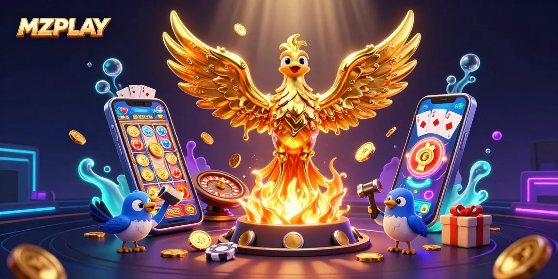MZPLAY gambling scene with a golden phoenix, coins, smartphone, and slot games erupting in a vibrant illustration.