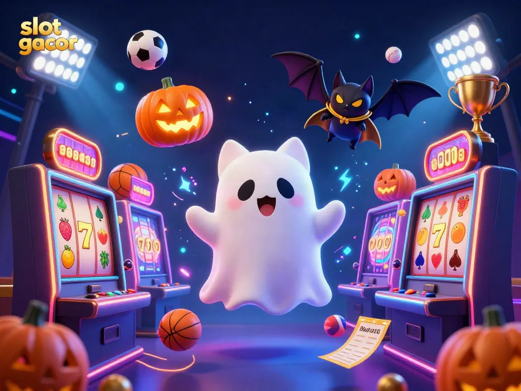 Experience thrilling slots with this vibrant scene of a ghost cat and vampire bat in a glowing casino, featuring slot gacor elements.