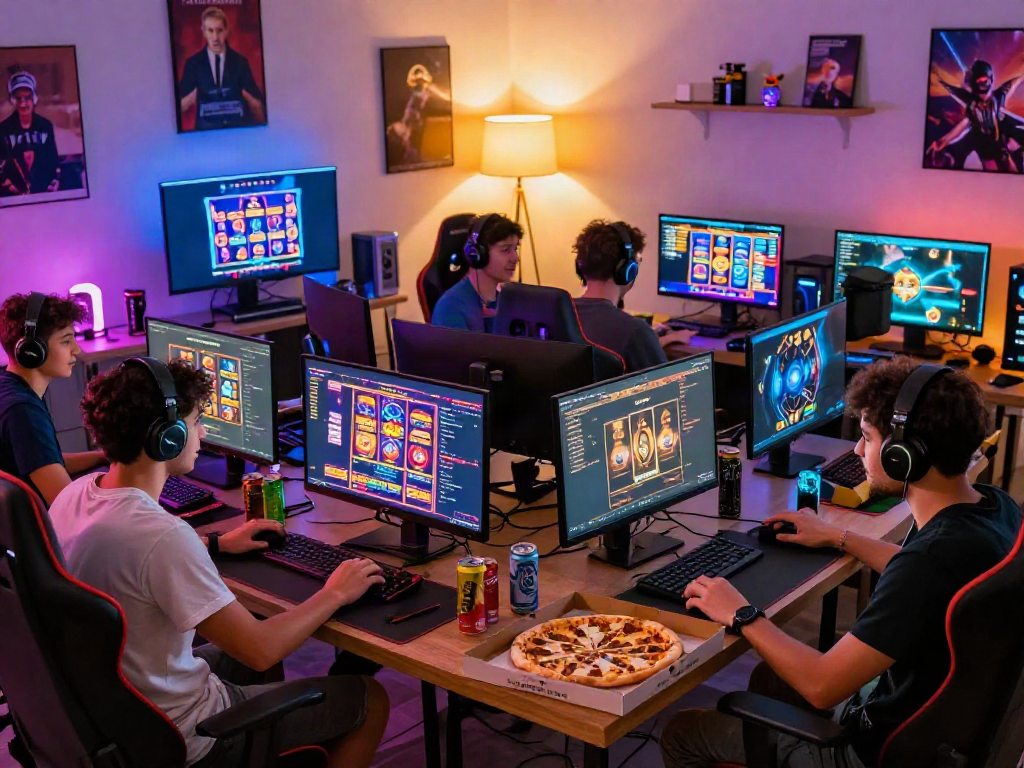 Exciting bandar slot gaming session with friends in a cozy living room, showcasing engagement and fun.