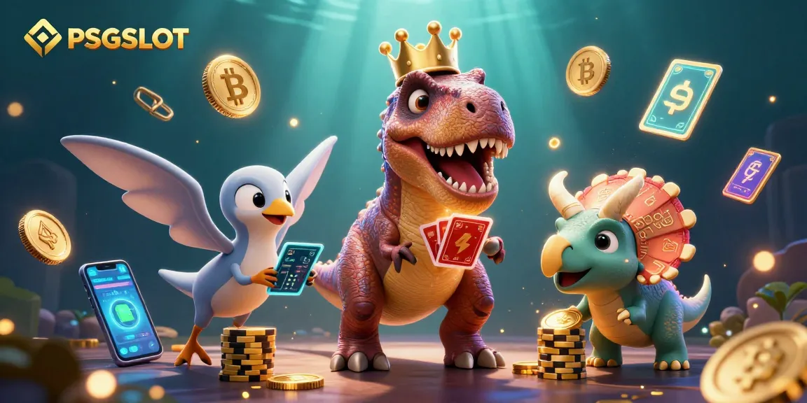 Menghadirkan PSGSLOT, T-Rex lucu bermain kartu di kasino dengan bantuan pterosaurus dan triceratops menumpuk chip emas.