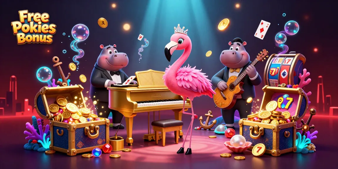 Engage with the Free Pokies Bonus at a vibrant casino scene showcasing lively characters and jackpot elements.