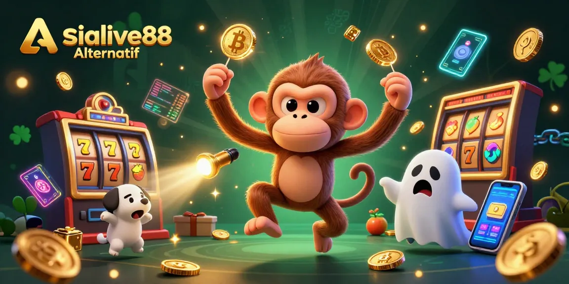 Engage with Asialive88 Alternatif at a haunted casino with a mischievous monkey and ghost-hunter puppy.
