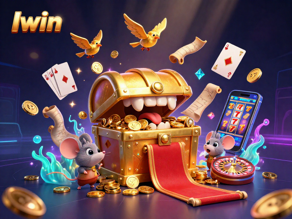 Iwin treasurer chest and adventurer mice attracting riches amidst a vibrant casino scene