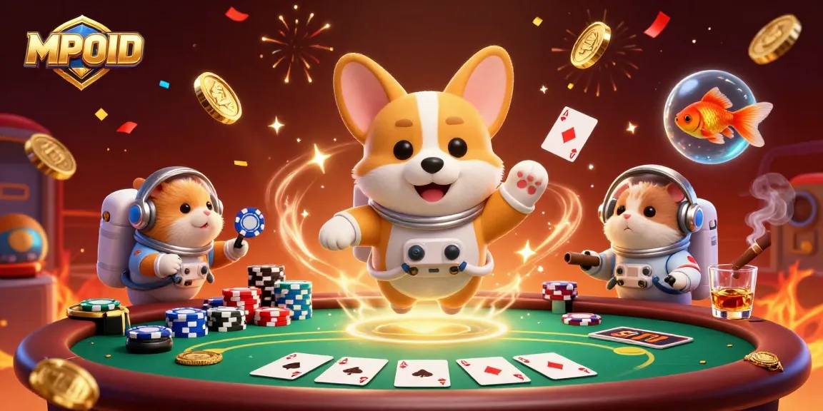 MPOID casino-themed illustration showcasing 3D characters in a vibrant space casino scene