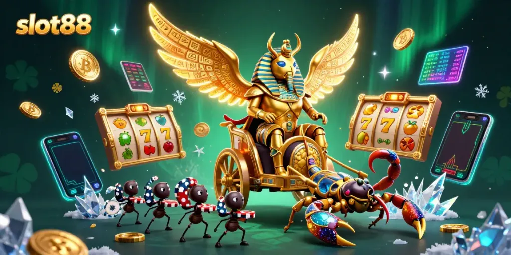 Menangkan slot88 dengan simbol keberuntungan dalam ilustrasi kasino yang dinamis.