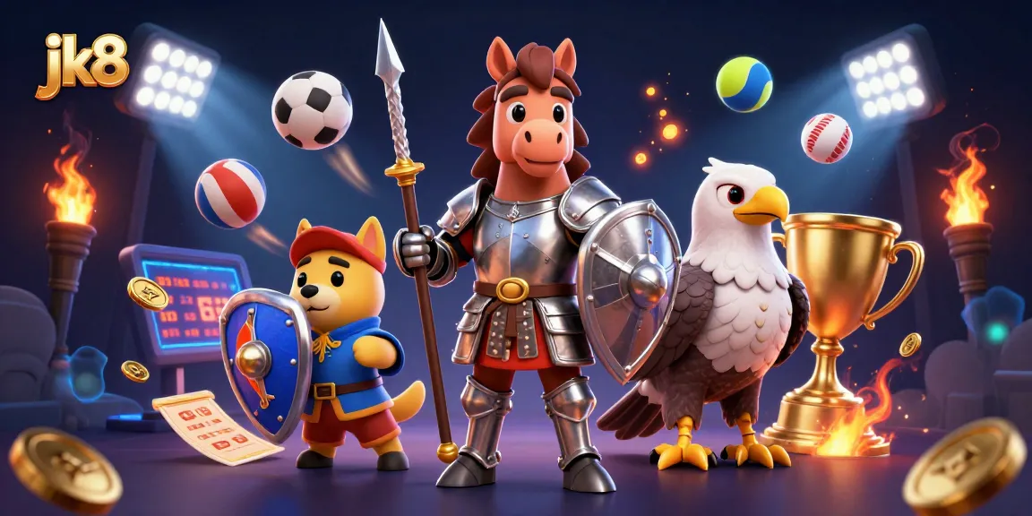 Bet on exhilarating jk8 adventures with a knight and puppy amidst sporting delights and gold coins.