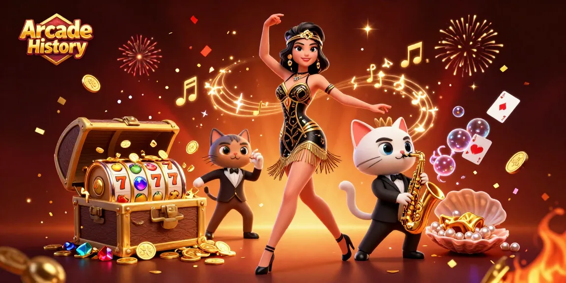 Engage with Arcade History as a glamorous flapper dances amidst slot reels and golden jackpots.