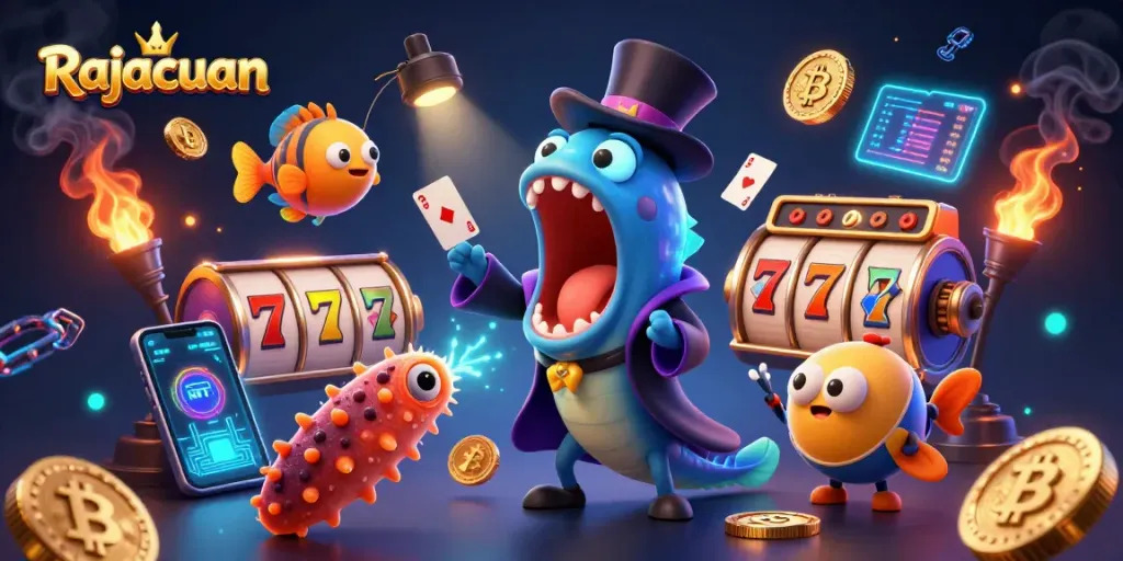 Experience winning thrills at Rajacuan with animated characters showcasing exciting casino elements!