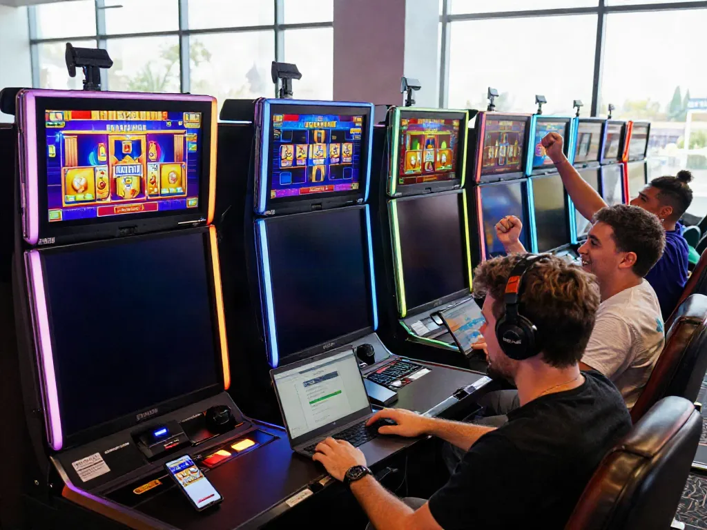 Players enjoying slot88 games at a vibrant online casino environment, showcasing excitement and high-tech setups.