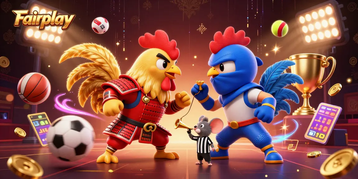 Engage with the dynamic Fairplay showdown of roosters in a vibrant 3D casino scene.
