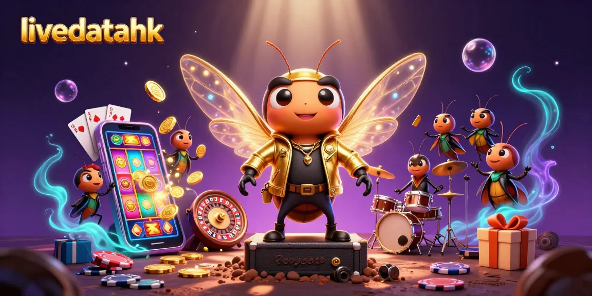 LiveDataHK menampilkan permainan slot dengan cicada rock star 3D dikelilingi koin emas dan kartu permainan.