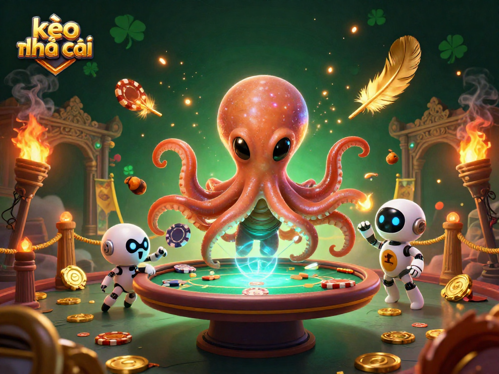 Engage in kèo nhà cái excitement with an alien octopus at a holographic poker table.