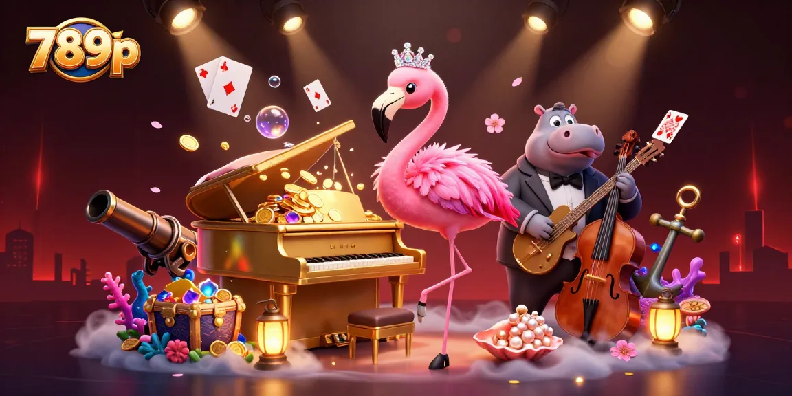 Experience 789p's vibrant gaming scene with a flamingo singer and energetic bass player in a dazzling casino.