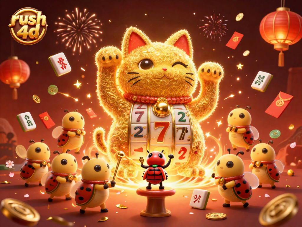 Mainkan rush 4d dalam ilustrasi pesta kasino dengan karakter menarik dan simbol keberuntungan.