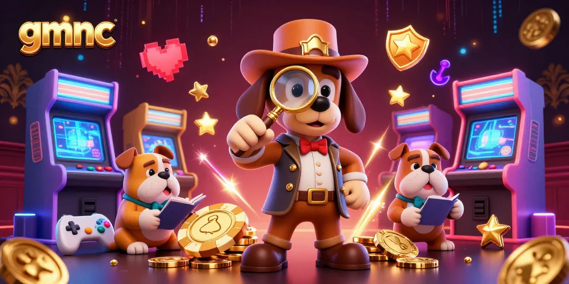 Investigate gmnc's poker chip clues in a vibrant casino scene with playful cartoon detectives.