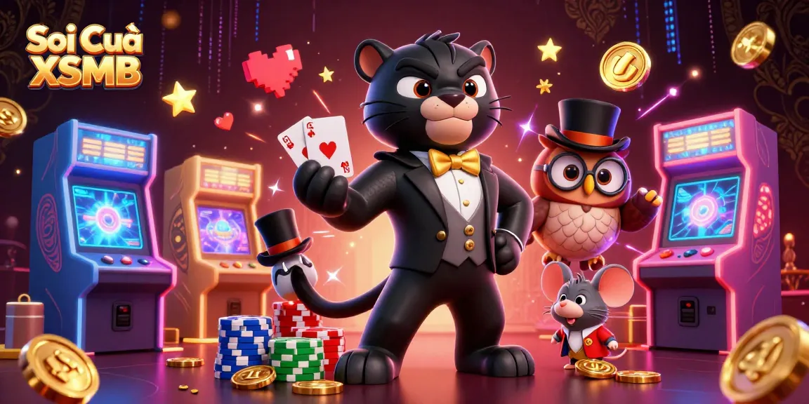 Soi Cầu XSMB illustrated scene features a panther dealer, owl, and lucky mouse in a casino.