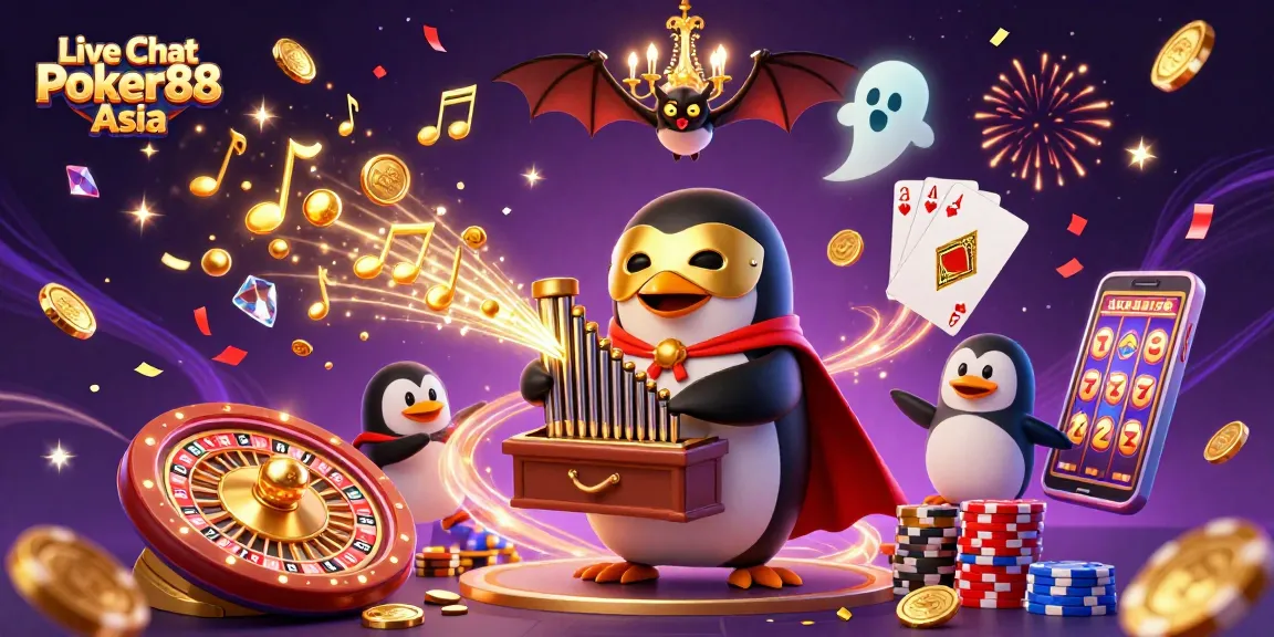 Experience Live Chat Poker88 Asia with vibrant 3D casino elements, lively characters, and golden coins scattered.