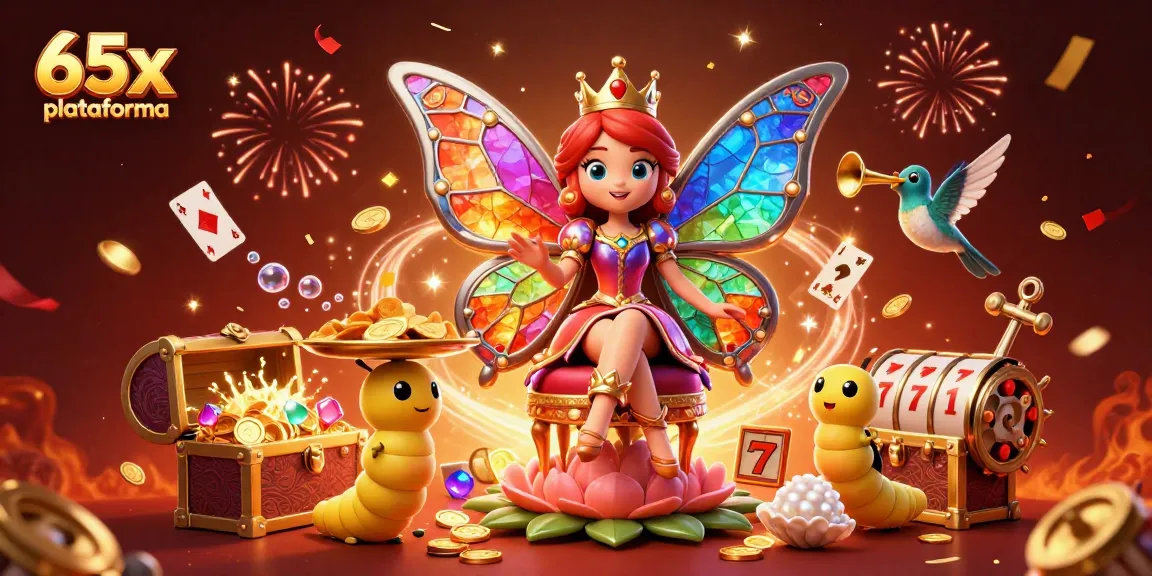 Bobinas de slot e jogos da plataforma 65x em uma ilustração vibrante e colorida.