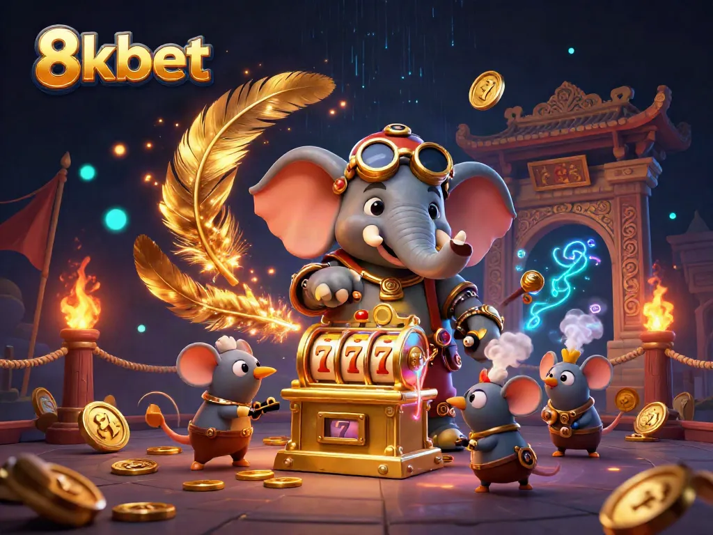 Experience exciting gameplay at 8xbet with a steampunk elephant engineer at a golden slot machine in a vibrant casino setting.