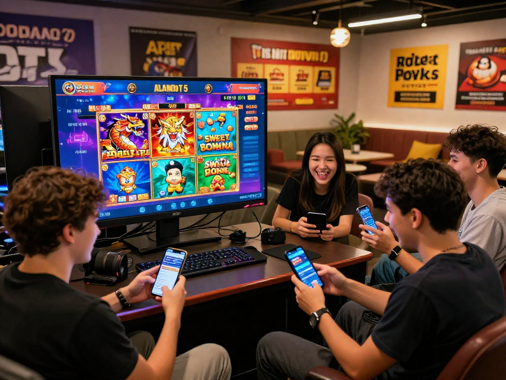Engaged players enjoying casino games on Alano Dt 5 app, showcasing vibrant graphics and bonuses, in a lively setting.
