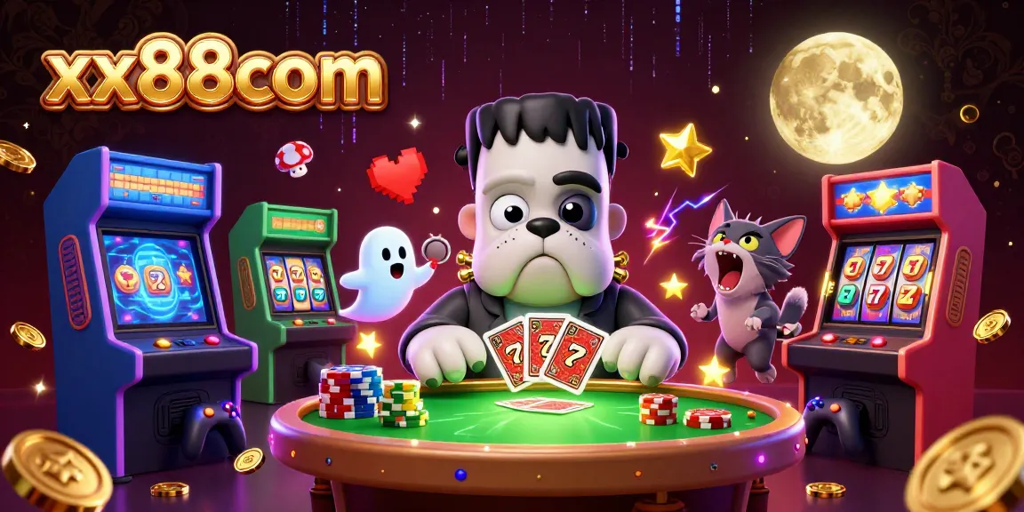 Experience exciting slots at xx88com with a 3D illustration of a Frankenstein bulldog, ghost mouse, and werewolf kitten.