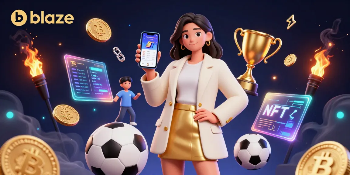 Bet on blaze with a stylish woman showcasing a sports betting app, surrounded by vibrant cryptocurrency elements.