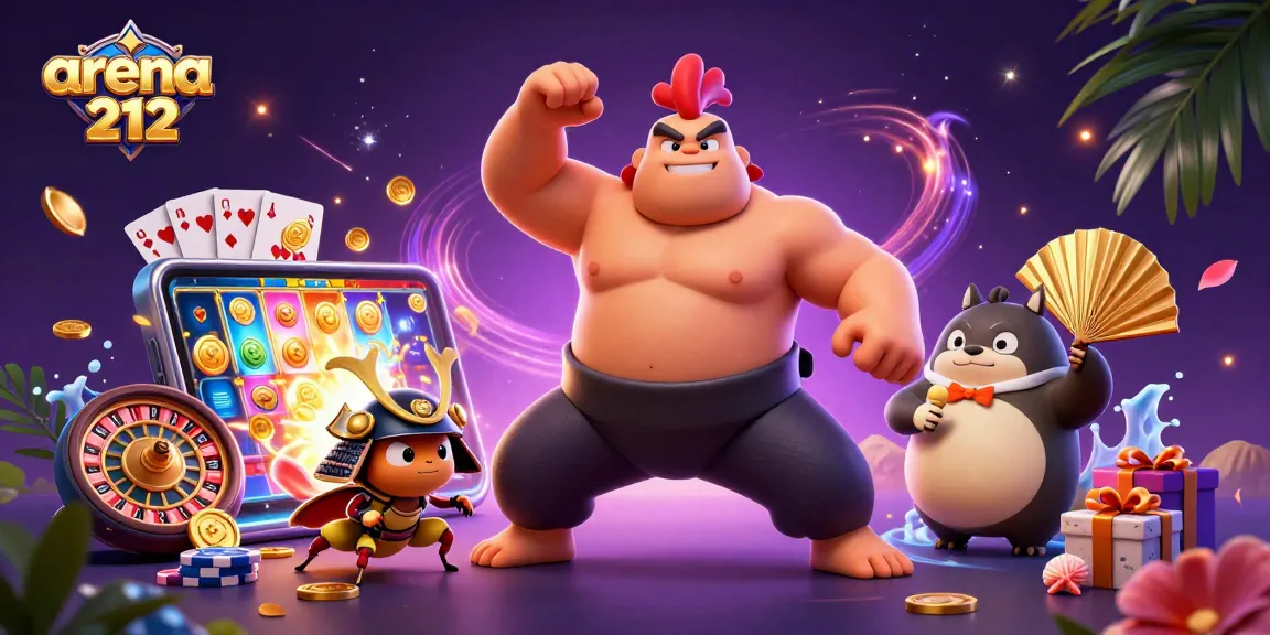 arena212 menampilkan ilustrasi 3D yang dinamis dengan karakter unik dan elemen permainan kasino.