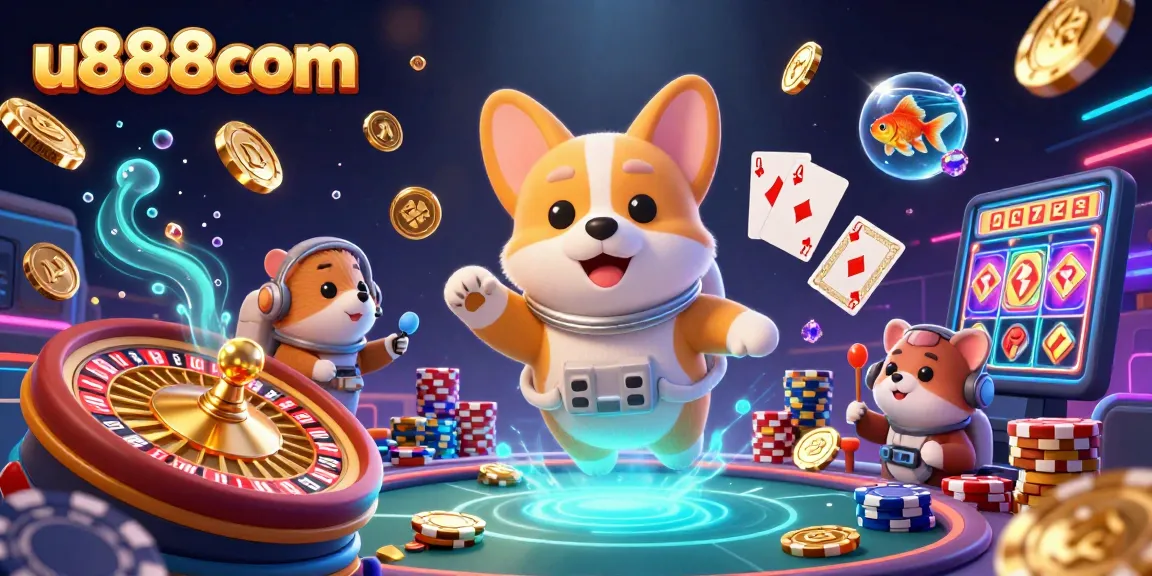 Engage with the thrilling world of u888com casino through a vibrant 3D illustration showcasing playful characters in zero gravity.